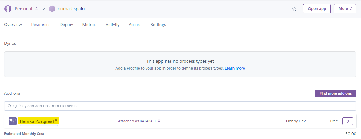 Creación de add-on Postgres en Heroku